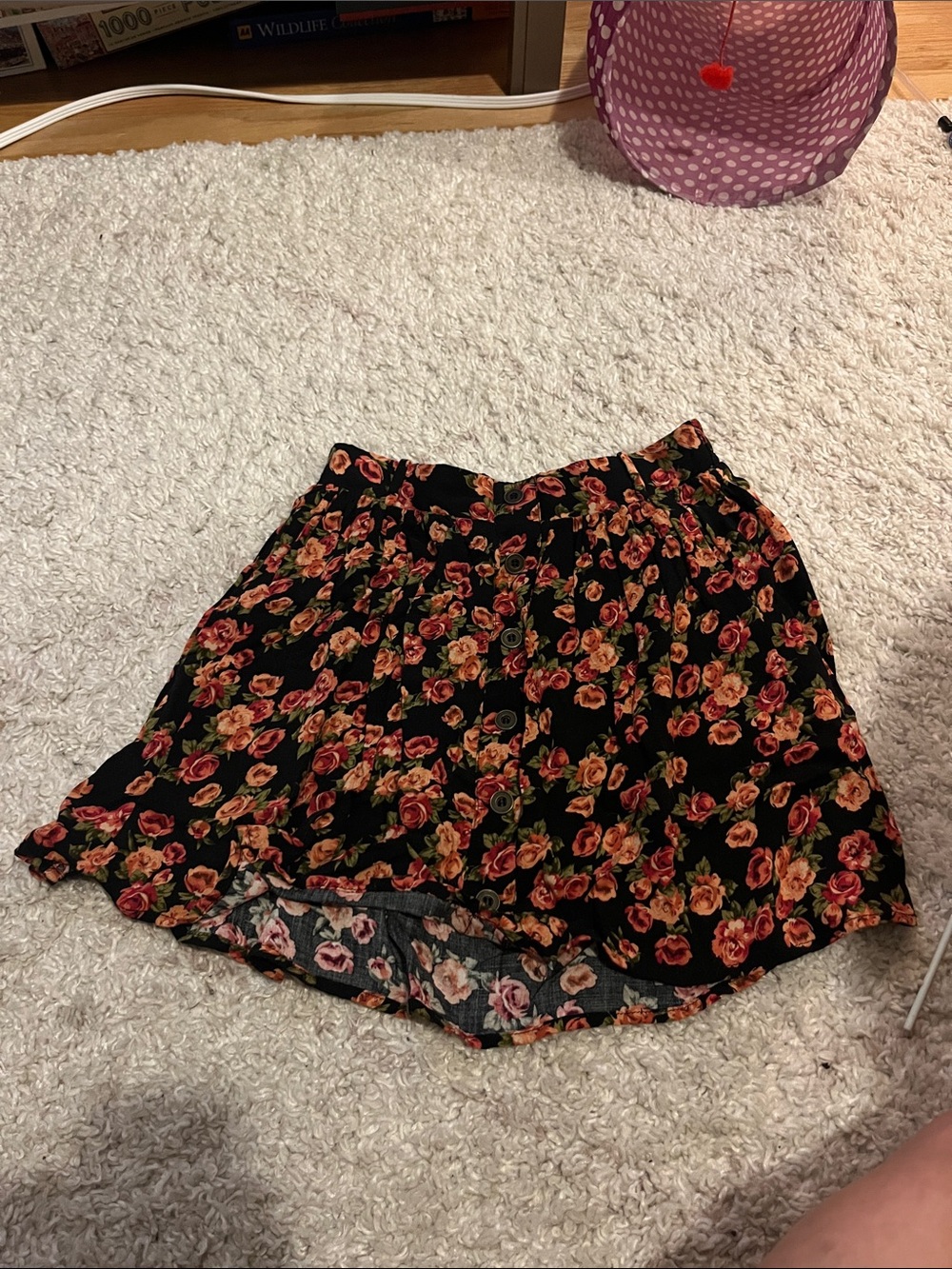 Floral Button-Front Black Mini Skirt